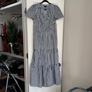 Quince Navy and White Striped Short-Sleeve Tiered Dress Size Small